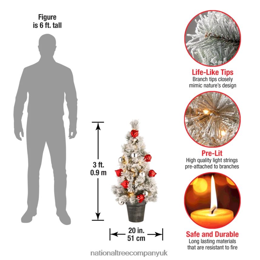 Trees | National Tree Company Pre-Lit Artificial Christmas Tree Green Snowy Bristle Pine White LED Lights Decorated with Pine Cones Ball Ornaments Includes Pot Base Battery Operated 3 Feet F2L